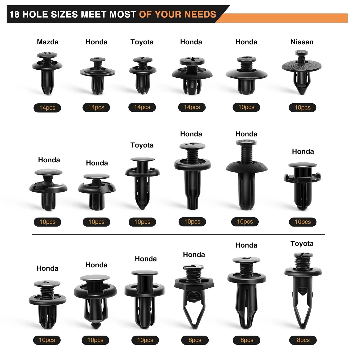 190 قطعة من مشابك تثبيت السيارة ومزيل السحابة - 18 مقاسًا وتطبيقاتًا مشهورة مجموعة مسامير دبوس الدفع التلقائي