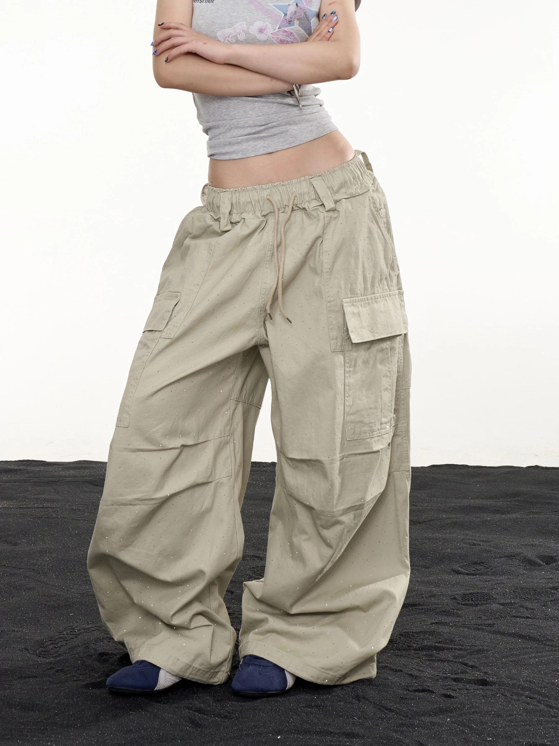 American Style Retro Rhinestone Multi-Pocket Work Pants Women Loose Wide Leg Pants Elastic Waist Straight Casual Long Pants