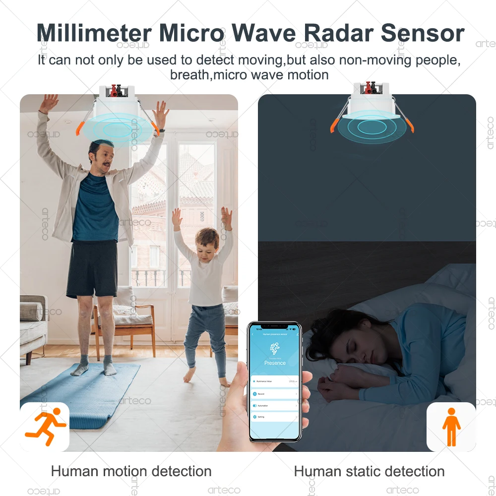 Tuya WiFi زيجبي وجود الإنسان الاستشعار 24G MmWave الرادار الإنارة/المسافة مايكرو كشف الحركة سقف جبل وجود الاستشعار