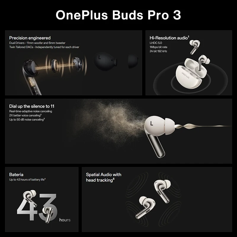 سماعة أذن OnePlus Buds Pro 3 ذات الإصدار العالمي ، صوت مزود بميزة إلغاء الضوضاء مع تتبع الرأس ، صوت عالي الدقة ، حتى 50dB