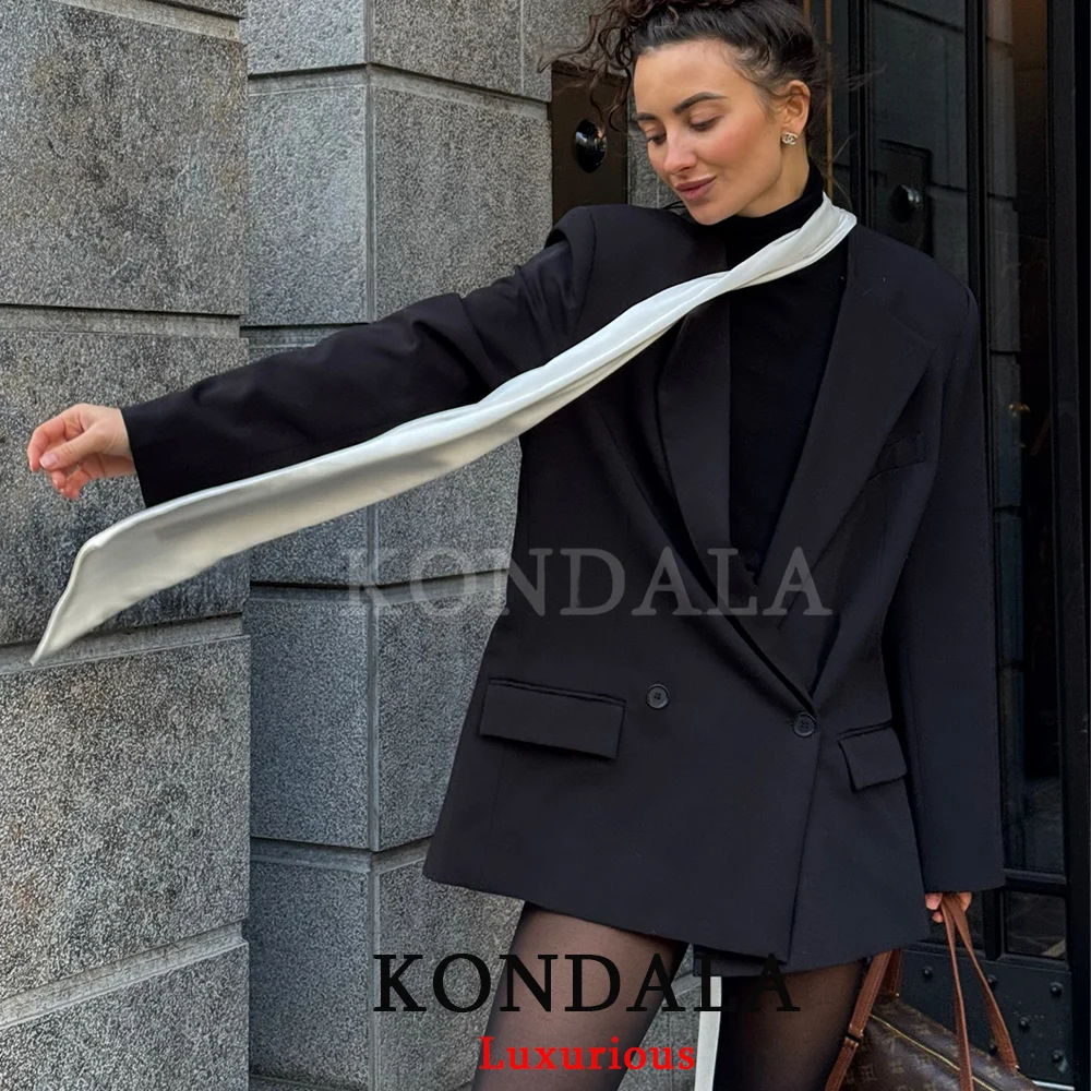

KONDALA Office Lady Chic Black Blazer V Neck Double Buttons Oversized Jackets Fashion 2026 Elegant Scarf Spring Female Outwears