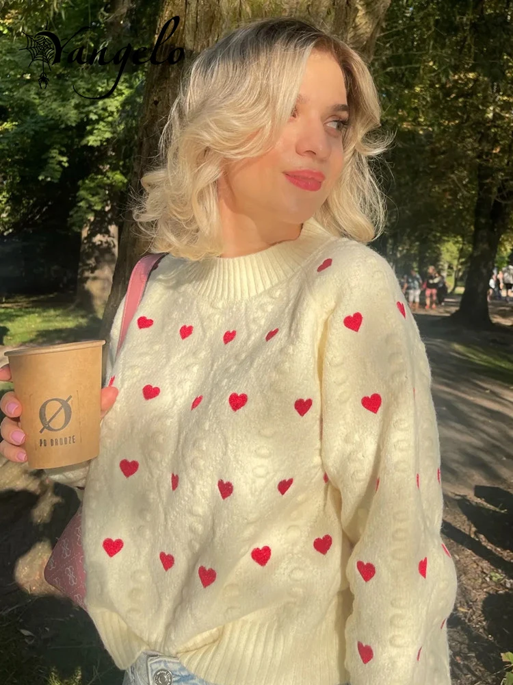 Yangelo Fashion Heart Love ricamo Pullover lavorato a maglia maglione Vintage maniche lunghe o-collo donna Chic Lady Tops