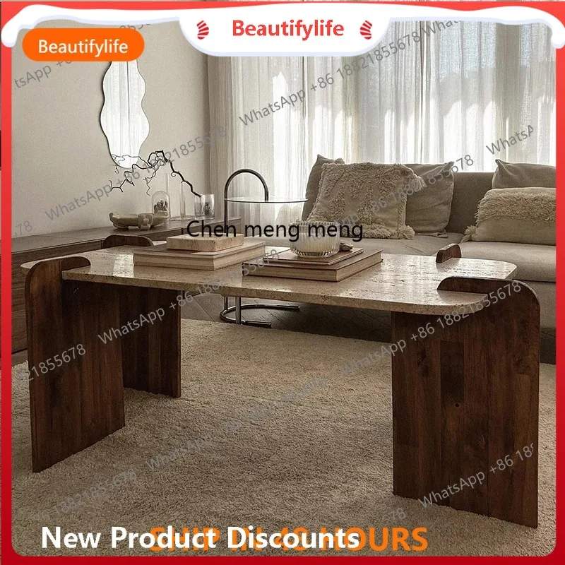 H  Natural travertine coffee table, solid wood tea table rectangular living room Roman cave coffee table