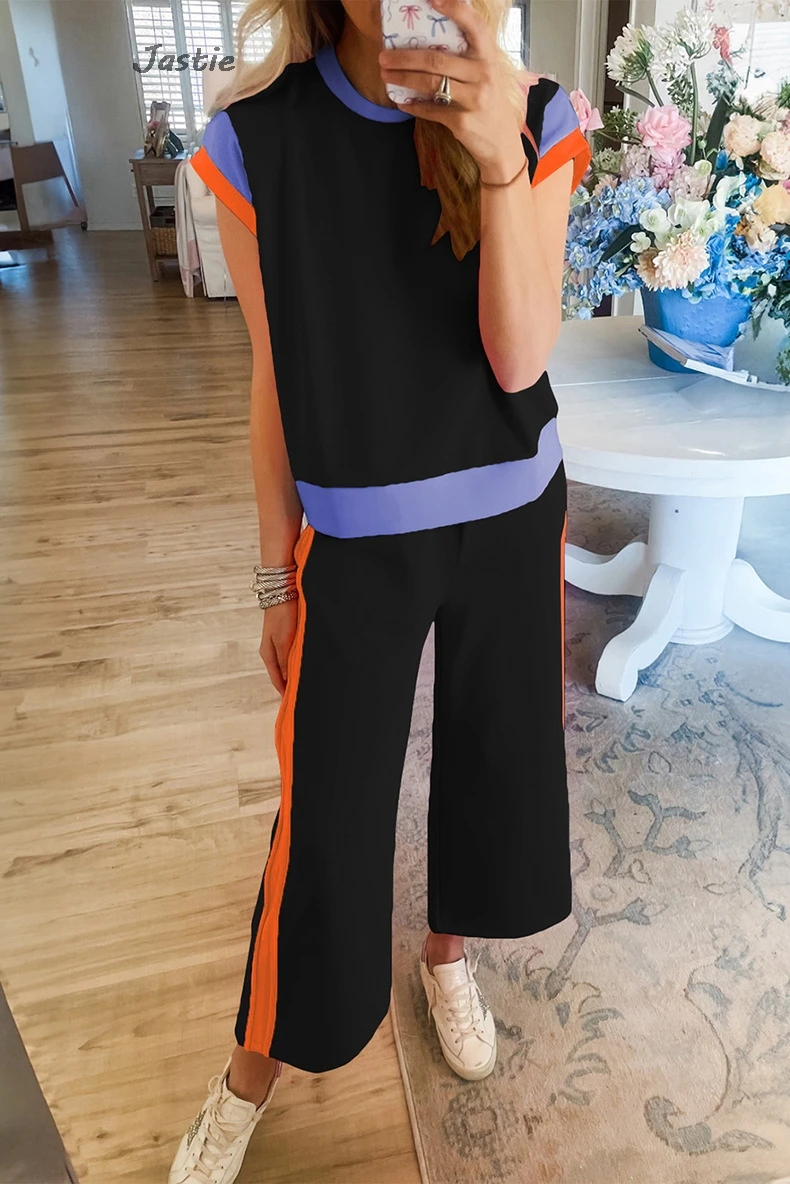 Jastie 2024 Summer Casual Women Suit Fashion Outfit Contrast Color Short Sleeve Top+Three-quarter  Pants Two-piece Sets Female