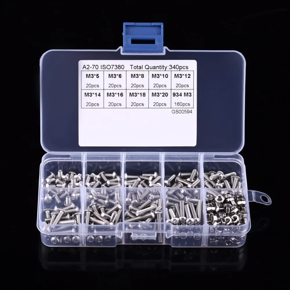 340Pcs M3 screw set Stainless Steel Hex pan Head Screws Bolt Nut Assortment Kit,hexagon button head screw M3x5/6/8/10/12/14/16mm