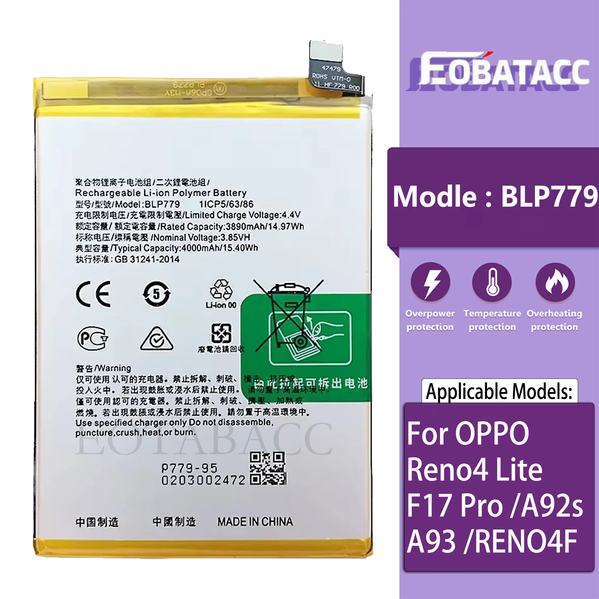 

BLP779 Battery For OPPO Reno4 Lite/F17 Pro /A92s /A93 /RENO4F Original Capacity Replacement Repair Part Phone Batteries Bateria