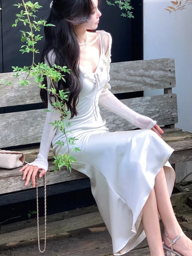 Spaghetti Strap White Satin Long Dresses for Women Summer New Elegant Party Sweet Sleeveless Female Holiday Casual Clothing