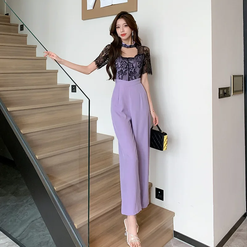 2023 Summer Women Fashion New Lace Panel Hollow out Slim Jumpsuit Pants Sexy Hole Skinny Long Pants Overalls Female