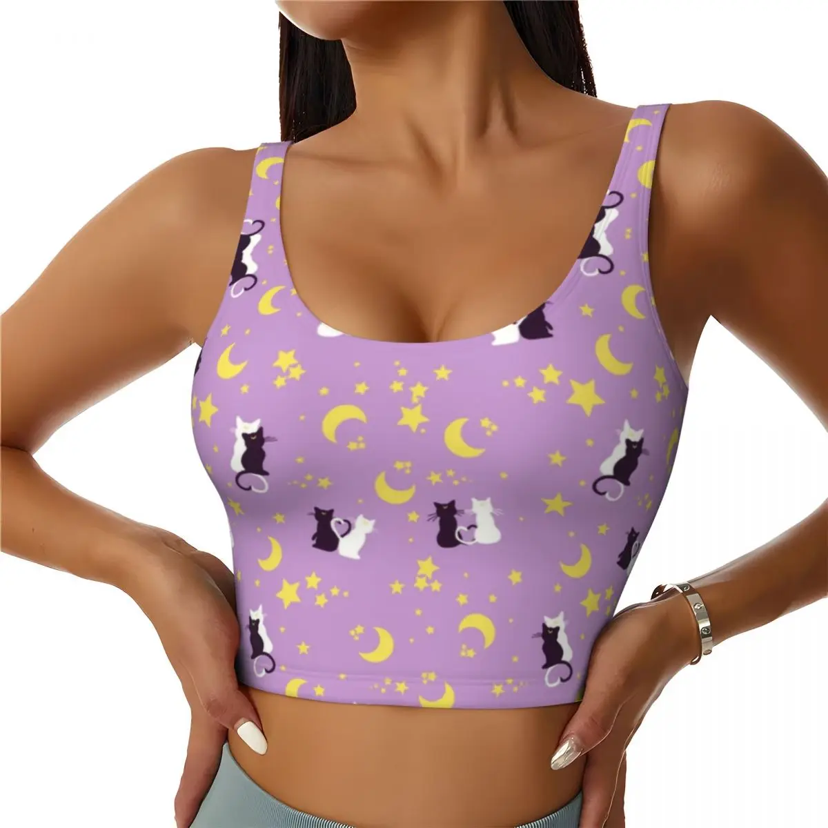 Custom Sailor Moon Workout Crop Tank Tops for Women Moon Kitties Running Sports Bras