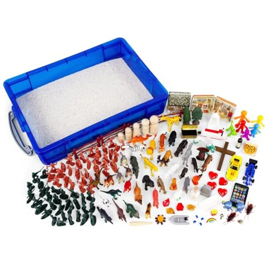 

Play Therapy Supply Basic Portable Sand Tray Starter Kit with Tray Sand and 150+ Miniatures in Assorted Colors for Therapeutic