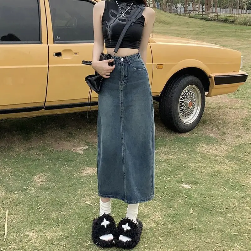 Split-ended Denim Skirt Women's 2026 New Summer High-waisted Hip-wrapped Design A-word Long Skirt