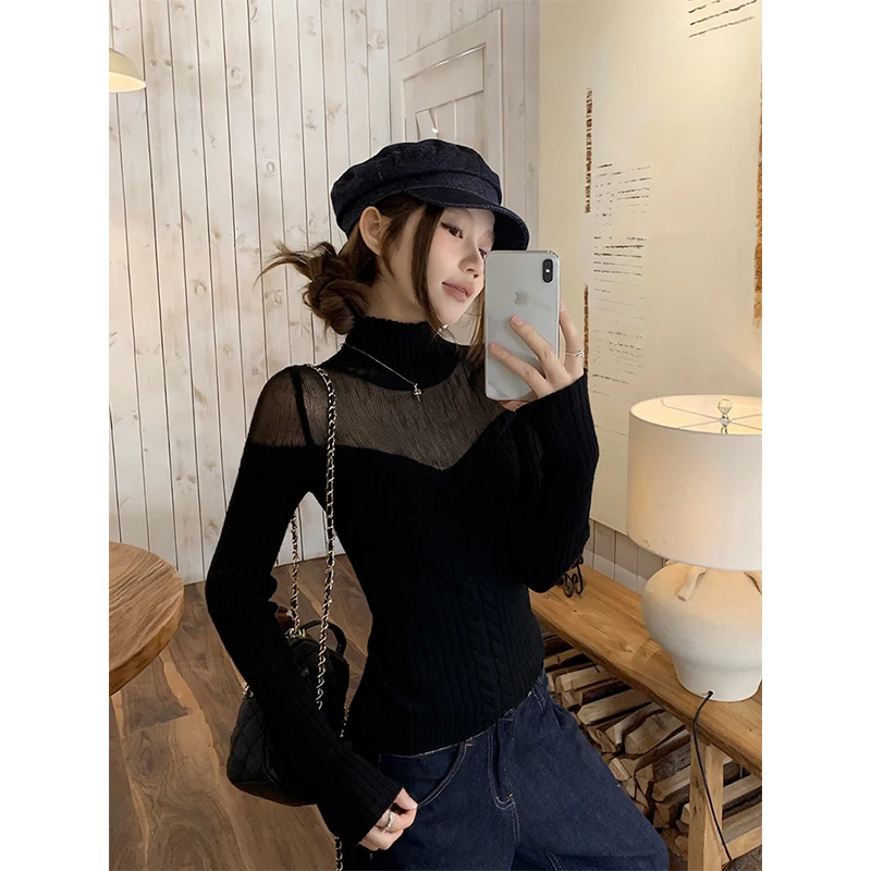 MEXZT Y2K سترة نسائية مفرغة مثيرة مقصوصة بلوفرات محبوكة سوداء ملابس الشارع الشهير ملابس تريكو شتوية ضيقة #4