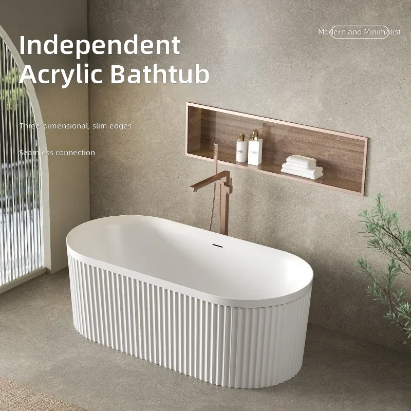 #Freestanding Bathtub, White Matte Acrylic Roman Column Design, Wavy Stripe Pattern, Integrated Bath Tub for Hotel Home Use