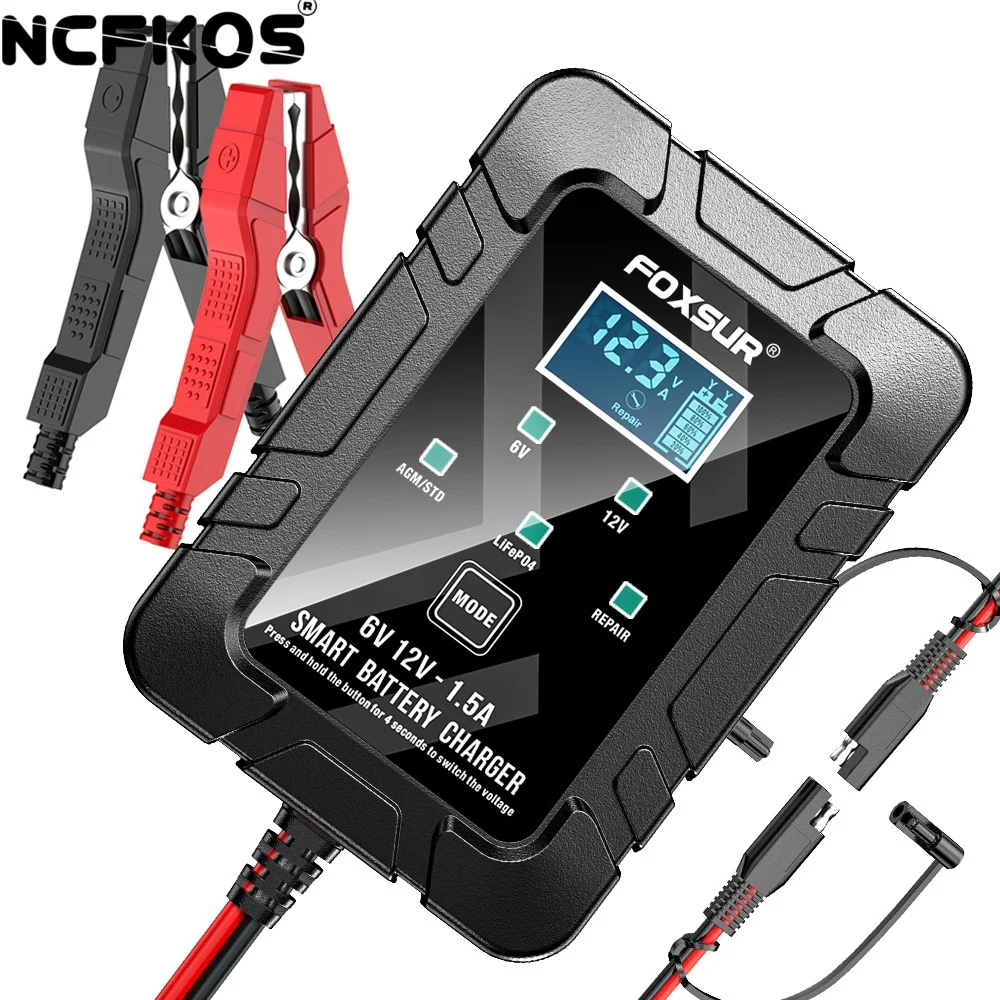 

NCFKOS Smart 6V 12V Зарядное устройство 6V 12V 1.5A Автоматическое Lifepo4 Lfp Свинцово-кислотное гелевое зарядное устройство для ремонта Agm с вилкой SAE