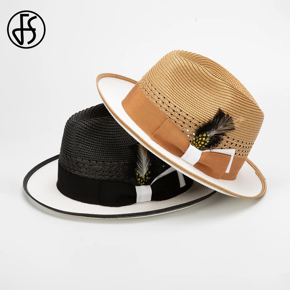 FS 2024 Khaki Cowboy Straw Hats For Men With Feather Rolled Brim Sombrero Jazz Panama Hat Gentleman Gangster Black Cap