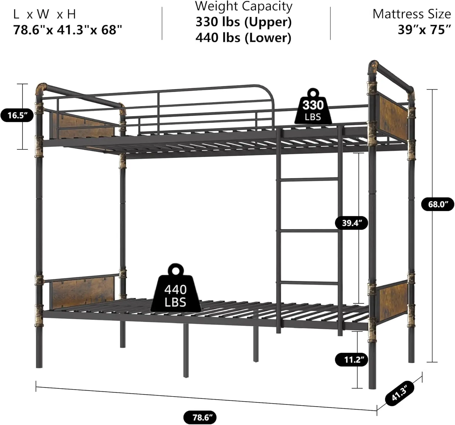 2 IN 1 Metal Bunk Bed Twin Over Twin, Convertible Twin Bunk Beds into 2 Individual Twin Size Bed for Kids Adults, 16.5