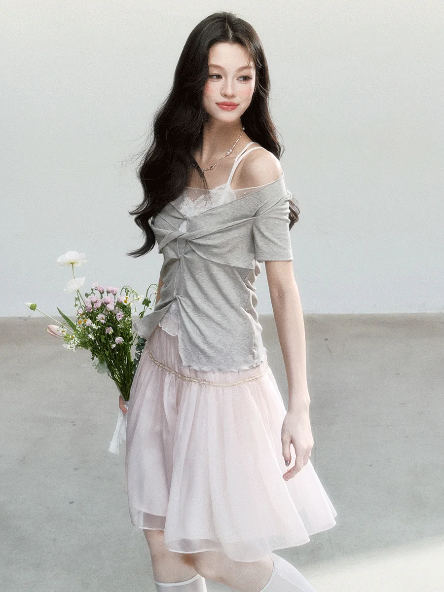 

Комплект футболок в корейском стиле с кружевными вставками Fragile Heart: дышащая, легкая, повседневная модная рабочая одежда для весны, лета и осени