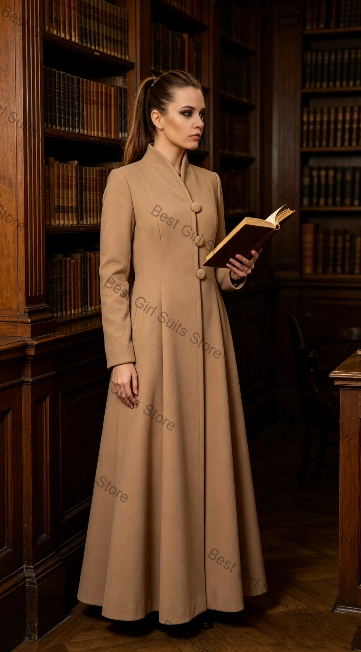 Cashmere Khaki Women Suit Skirt 1 Pcs Long Blazer Prom Dress Autumn Winter Warm Formal Office Lady Jacket Customized Overcoat