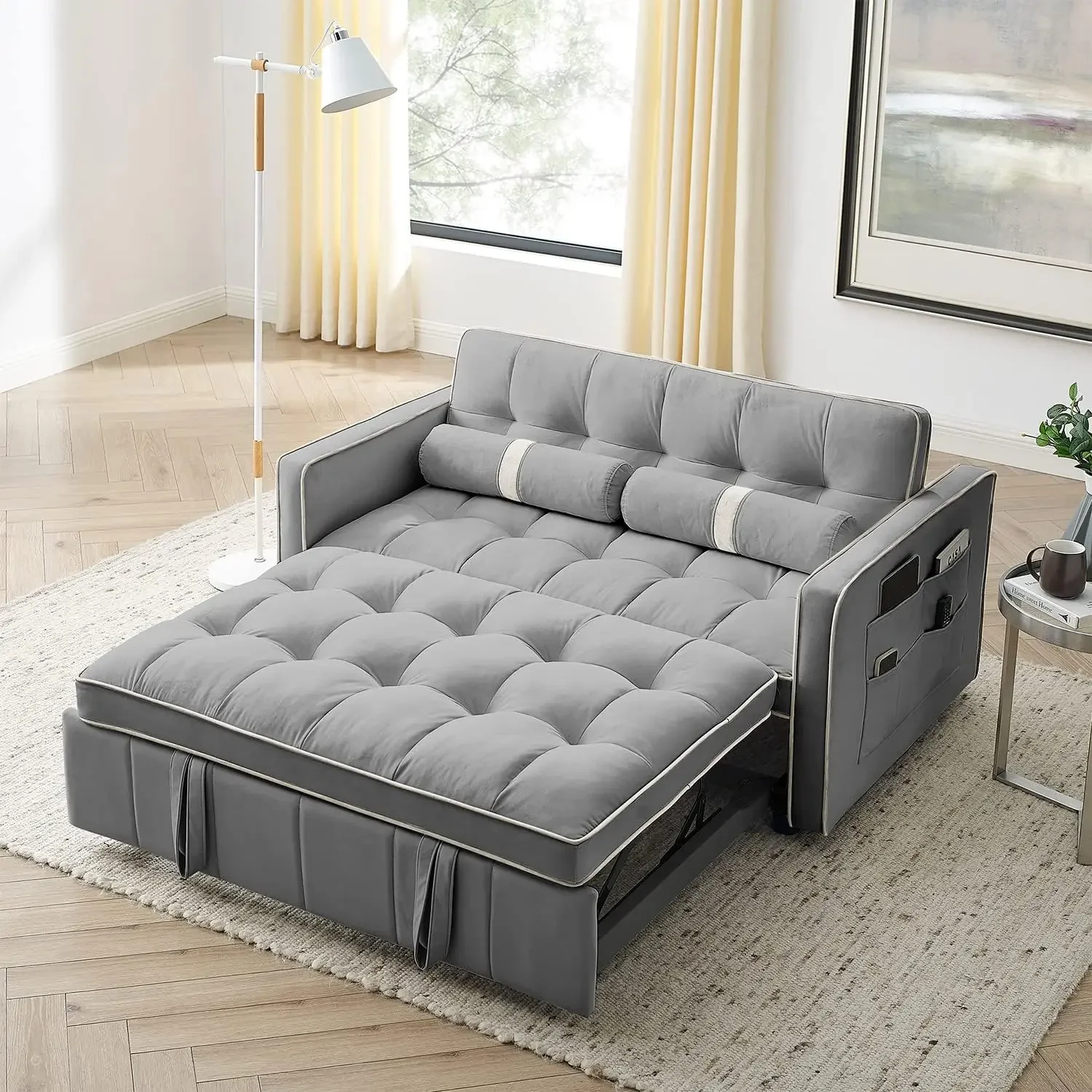 Sofa w/Pullout Bed, Adjustable Backrest, Cylinder Pillows for Living Room Apartment, Easy to Assemble, Grey, 55.5