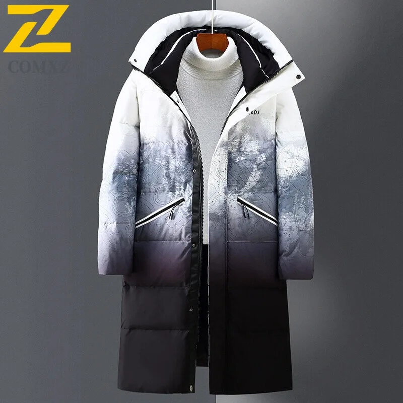 COMXZ Men Padding Coat Gradient Long Korean Fashion Ski Snow Warm Loose Travel Padded Jacket High Quality Street Winter Jackets