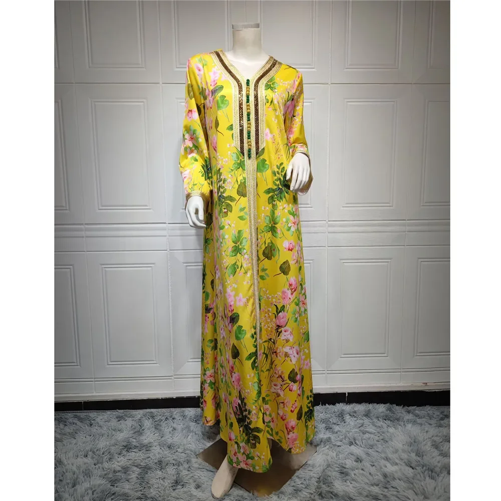 Moroccan Floral Print Muslim Abaya Women Maxi Dress Dubai Kaftan Gown Turkey Caftan Islam Clothing Arabic Robe Jalabiya Vestidos