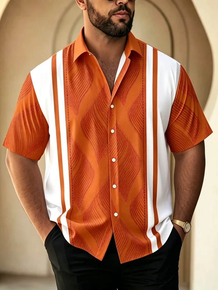 Men's red and white contrasting vertical stripe splicing print lapel short sleeved shirt casual party trendy men's top
