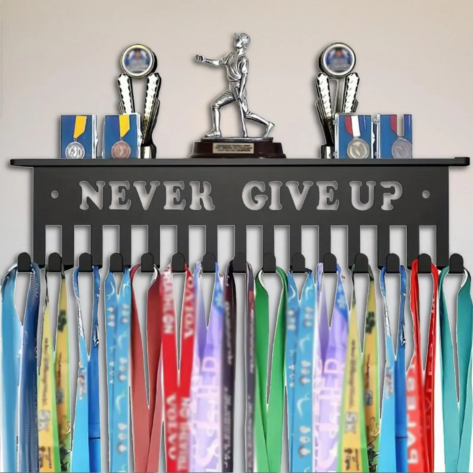 Medal Hanger Organizer Never Give Up Easy to Install Wall Mount Trophy Shelf