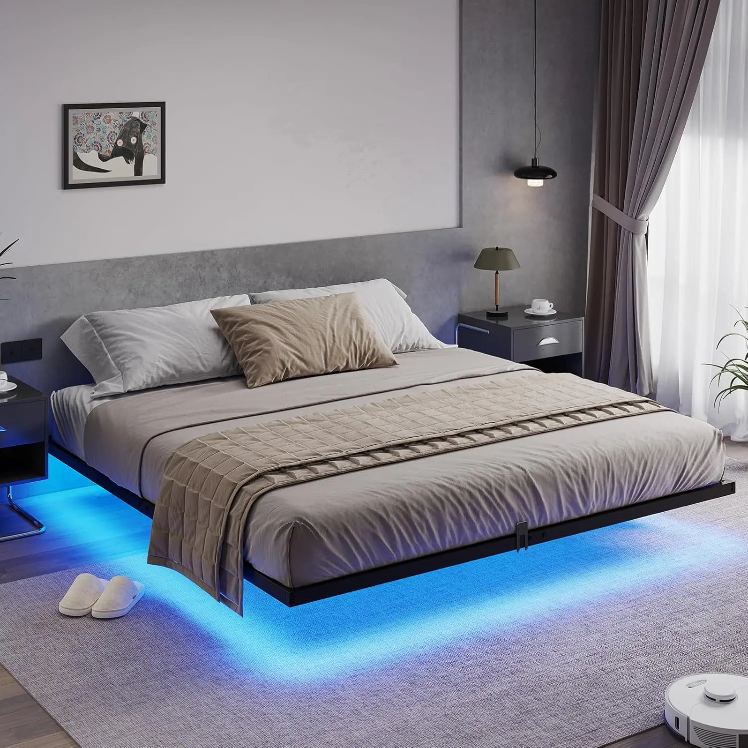 

Floating bed frame king size with LED lights, metal platform king size bed, no need for box springs, easy to assemble