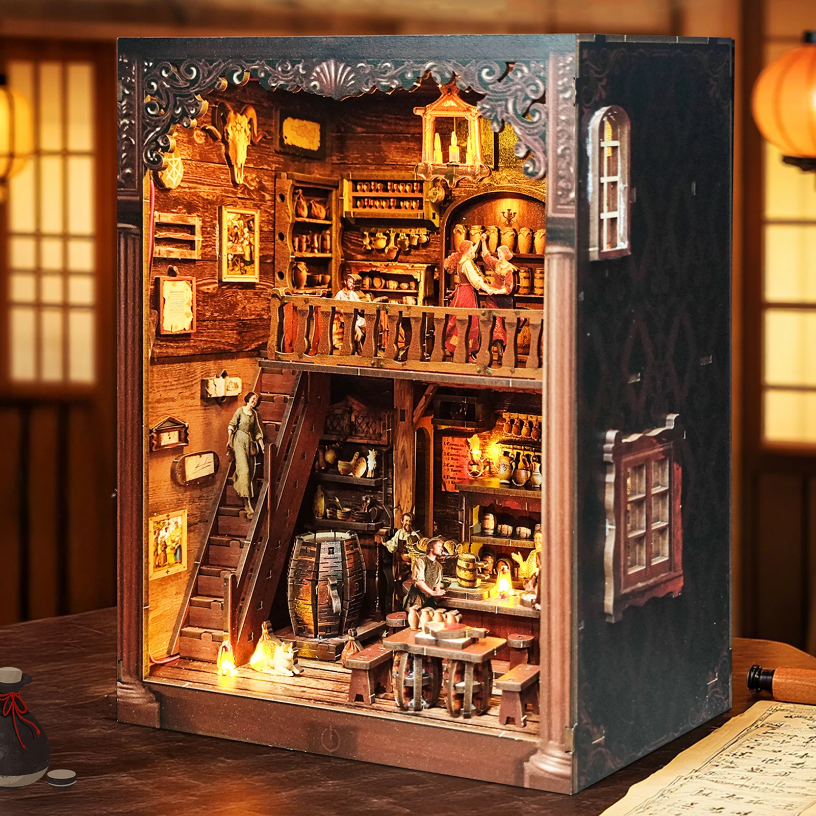DIY Holz Old Times Tavern Buchecke Regaleinsatz Kits Miniaturmodellbausatz mit leichter Buchstütze für Freunde Geburtstagsgeschenke