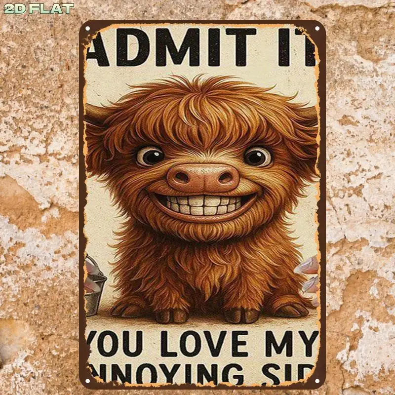 2D Flat, Retro Vintage Cute Highland Cow Poster Art Metal Tin Sign, with Pre-Drilled Holes, Ideal for Indoor, Garden, Outdoor - view 5