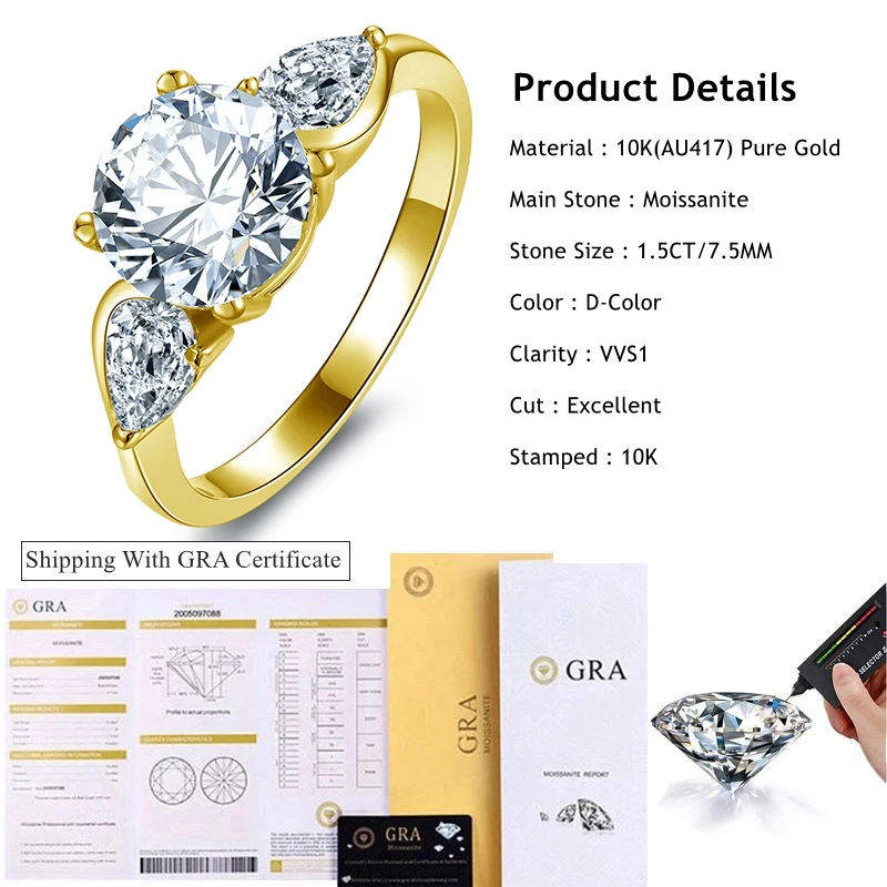 Lnngy Exquisite 7.5mm 1.5CT  Moissanite Rings Certified 10K Pure Gold Three Stone Engagement Ring For Women Lab Diamond Jewelry