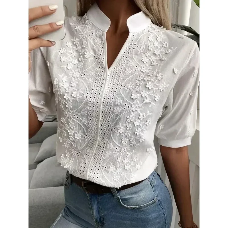 Summer Women Casual Chic White Blouses V Neck Hollow Out Floral Pattern Eyelet Embroidery Half Sleeve Daily Wear Top