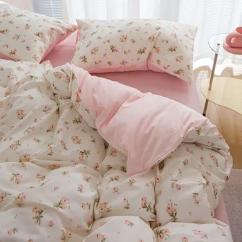 Pink Flowers Duvet Cover Set Ins Fashion Single Queen Size Girls Boys Flat Sheet Pillowcase No Filler Home Decor Bedding Set