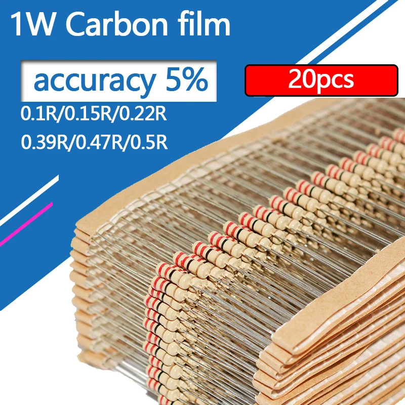 20pcs 1W 0.1R 0.15R 0.22R 0.39R 0.47R 0.5R 5% Resistance 0.1 0.15 0.22 0.39 0.47 0.5 Ohm 0.1R-3M Carbon Film Resistor