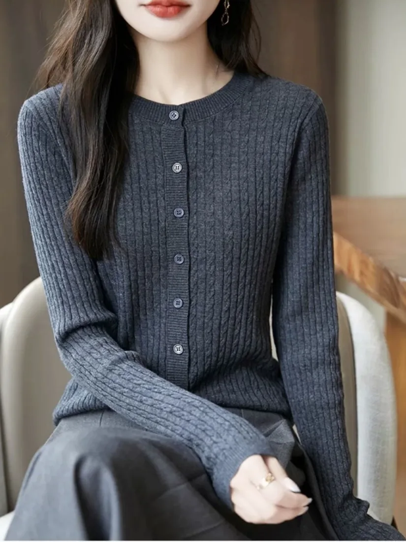 

Premium Spun Wool Knitted Sweater Long Sve round Ne Twist Design Women's Open Cardigan Casual Sle Comfortable Breathable