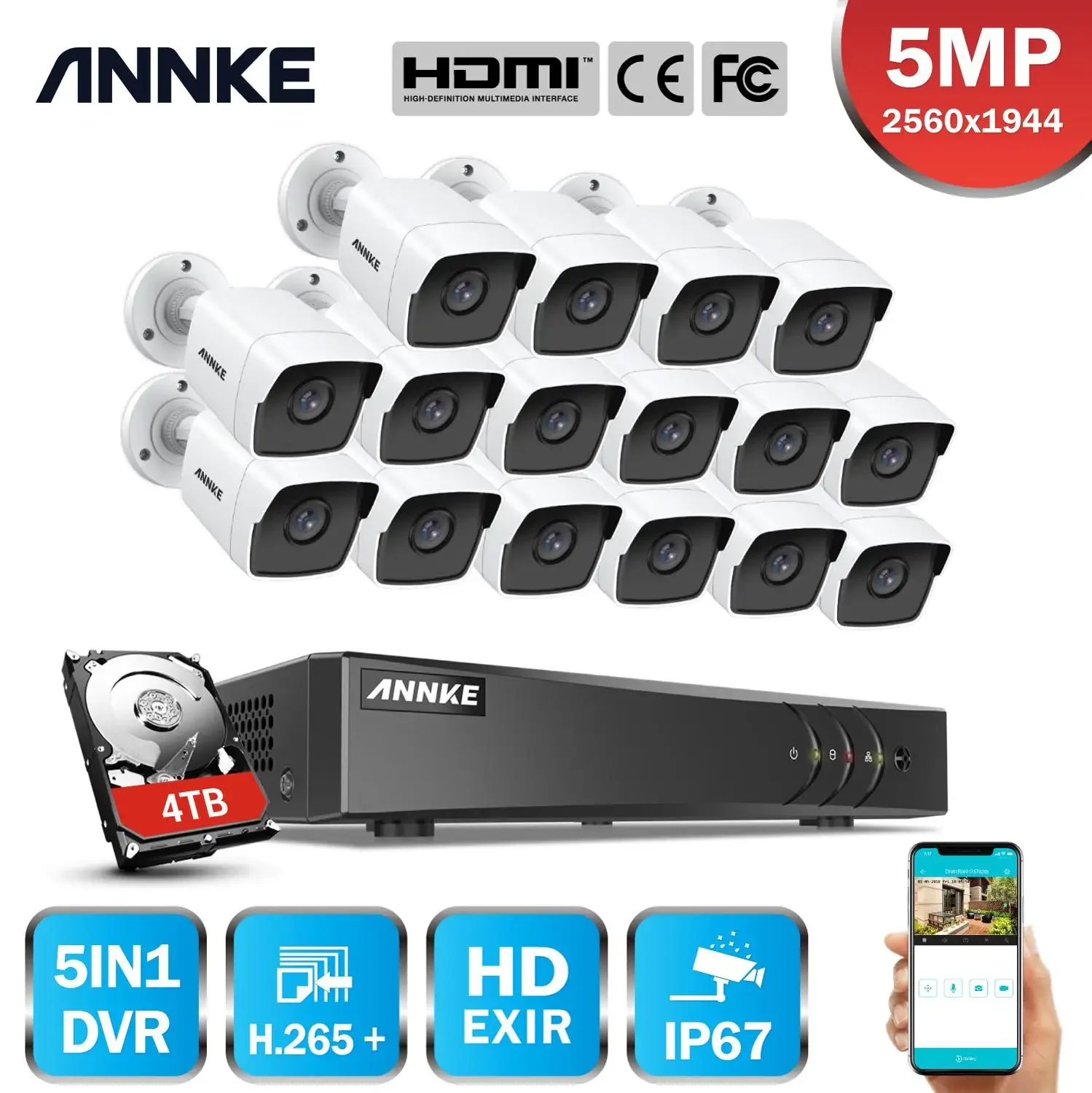 ANNKE H.265+ 5MP Ultra HD 16CH DVR CCTV Security System 16PCS Outdoor 5MP EXIR Night Vision Camera  Video Surveillance Kit