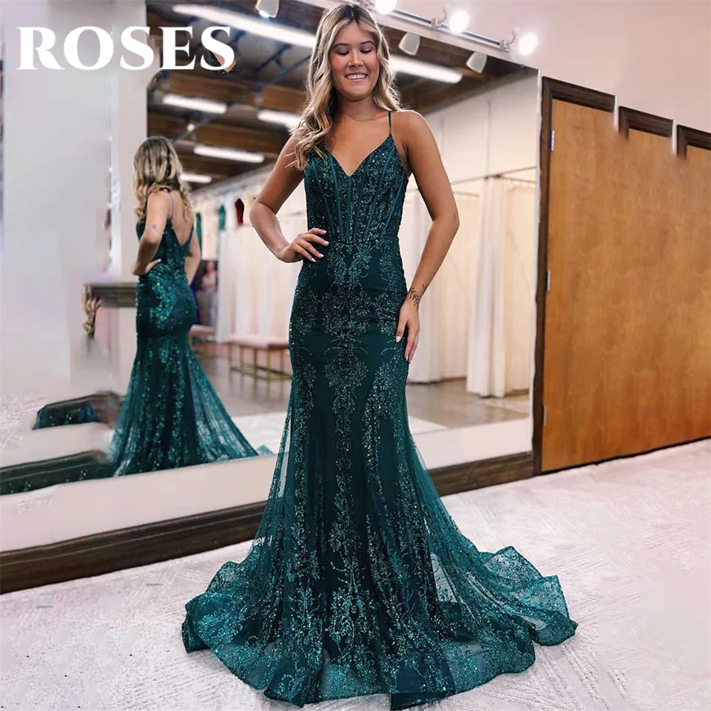 

ROSES Green Evening Dress V-Neck Tulle Trumpet Long Corset Prom Dress with Pleats Spaghetti Strap Sequins 프롬드레스 Party Dresses