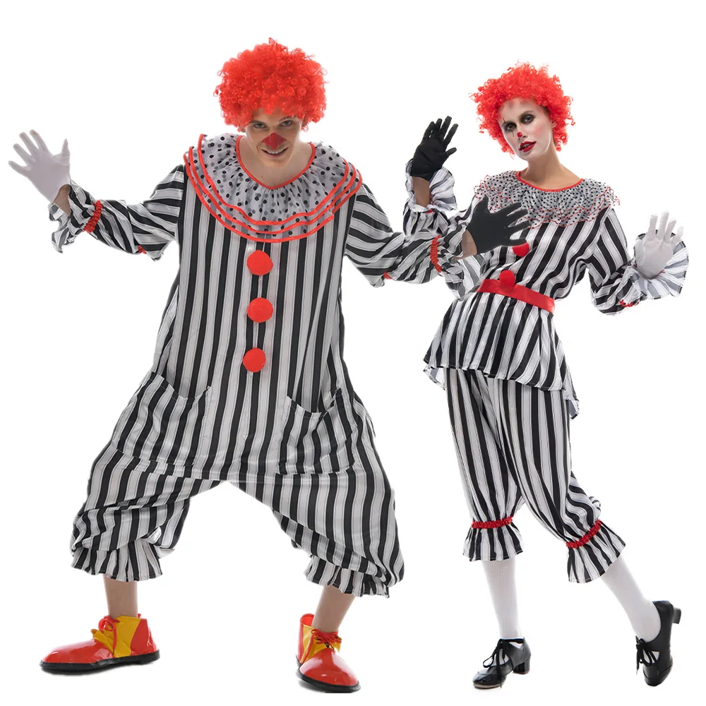 Volwassen Gestreepte Clown Cosplay Kostuum Mannen Vrouwen Horror Halloween Outfits Carnaval Pasen Purim Fancy Dress