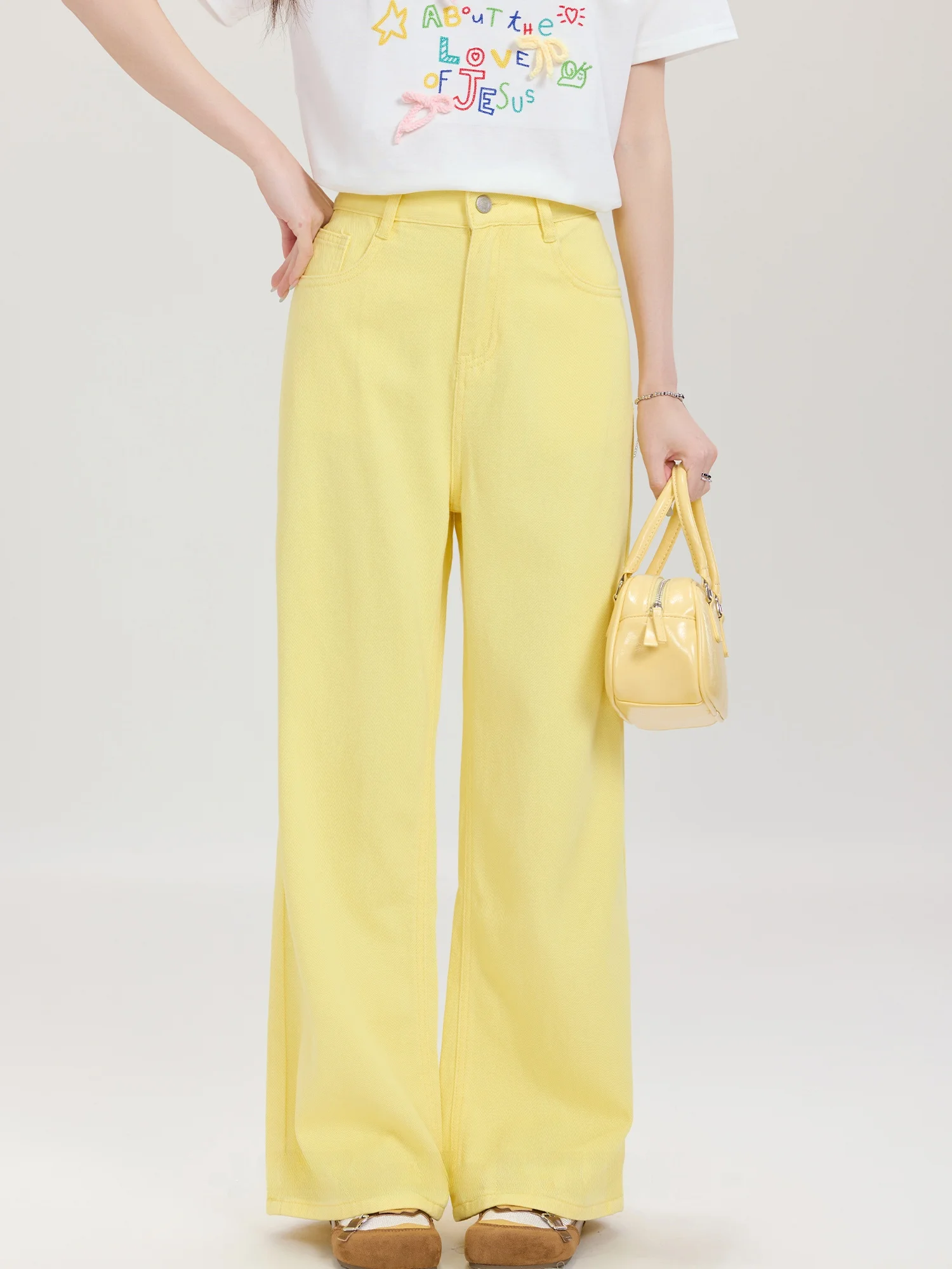 

Yellow Wide Leg Loose Fit Straight Cut Jeans Women's Summer Casual Trousers Long Pants Slimming Effect American Sle