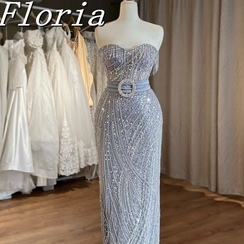

Dusty Blue Strapless Long Beading Mermaid Evening Dresses With Feathers Modern Tassels Long Prom Party Gowns Dress Customized