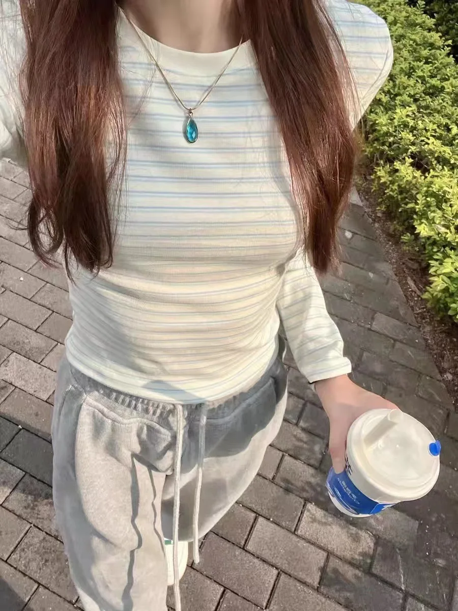 

2025 Women's Slim-Fit Tops, Stripe Tees, Woman Spring Autumn Long Sleeve T-shirt,Female Street Wear