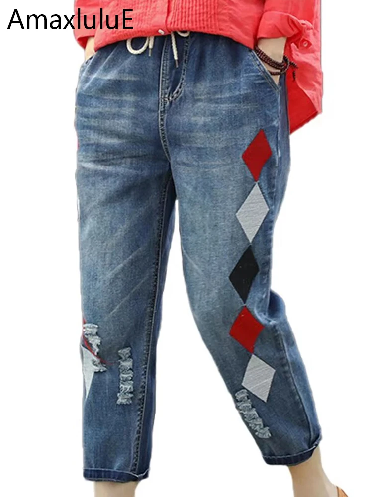 Amax luluE Summer Females Luxury Embroidery Jeans Womens Fashion Vintage Ripped Denim Trousers Loose Holes Elastic Harem Pants