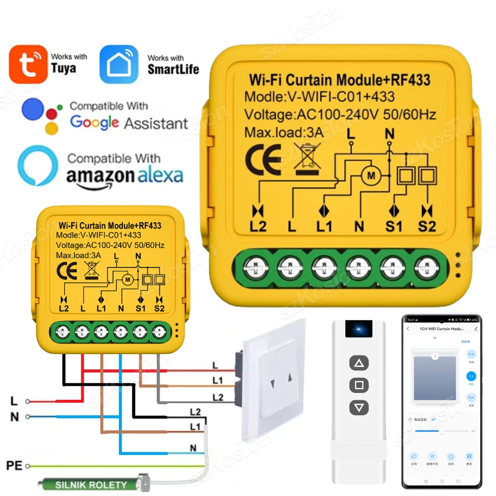 Smart WiFi RF433 Curtain Switch Module Roller Shutter Blind Motor DIY Relay Tuya Smart Life APP Remote Control for Alexa Google