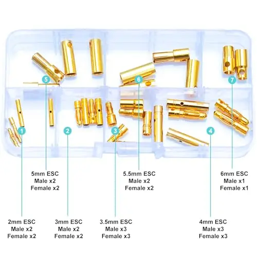 ESC Male Female Plugs Assorted Kit, RC Bullet Connectors 2mm 3mm 3.5mm 4mm 5mm 5.5mm 6mm Female Male Gold Bullet Connector