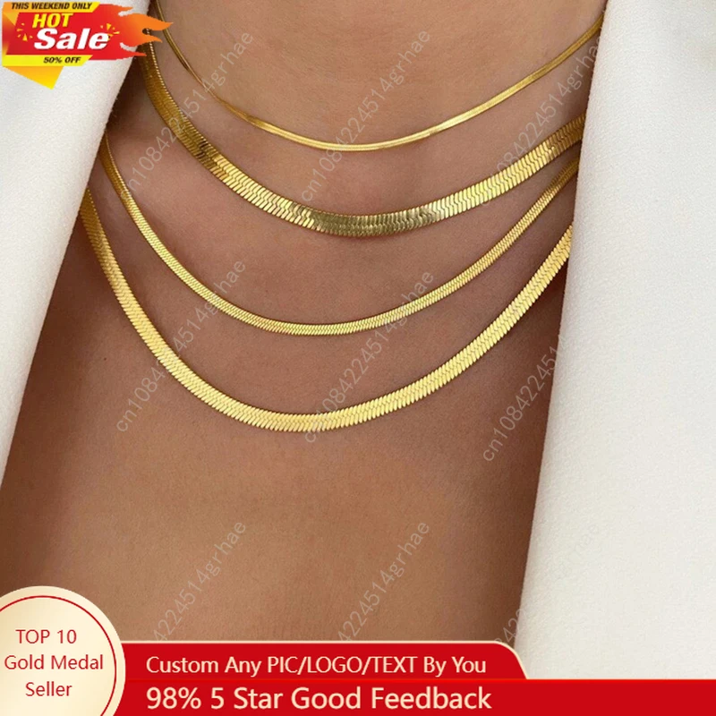 

SUNSLL 2/3/4/5MM Stainless Steel Gold Silver Color Flat Herringbone Snake Chain Necklace For Women Men Waterproof Choker Jewelry