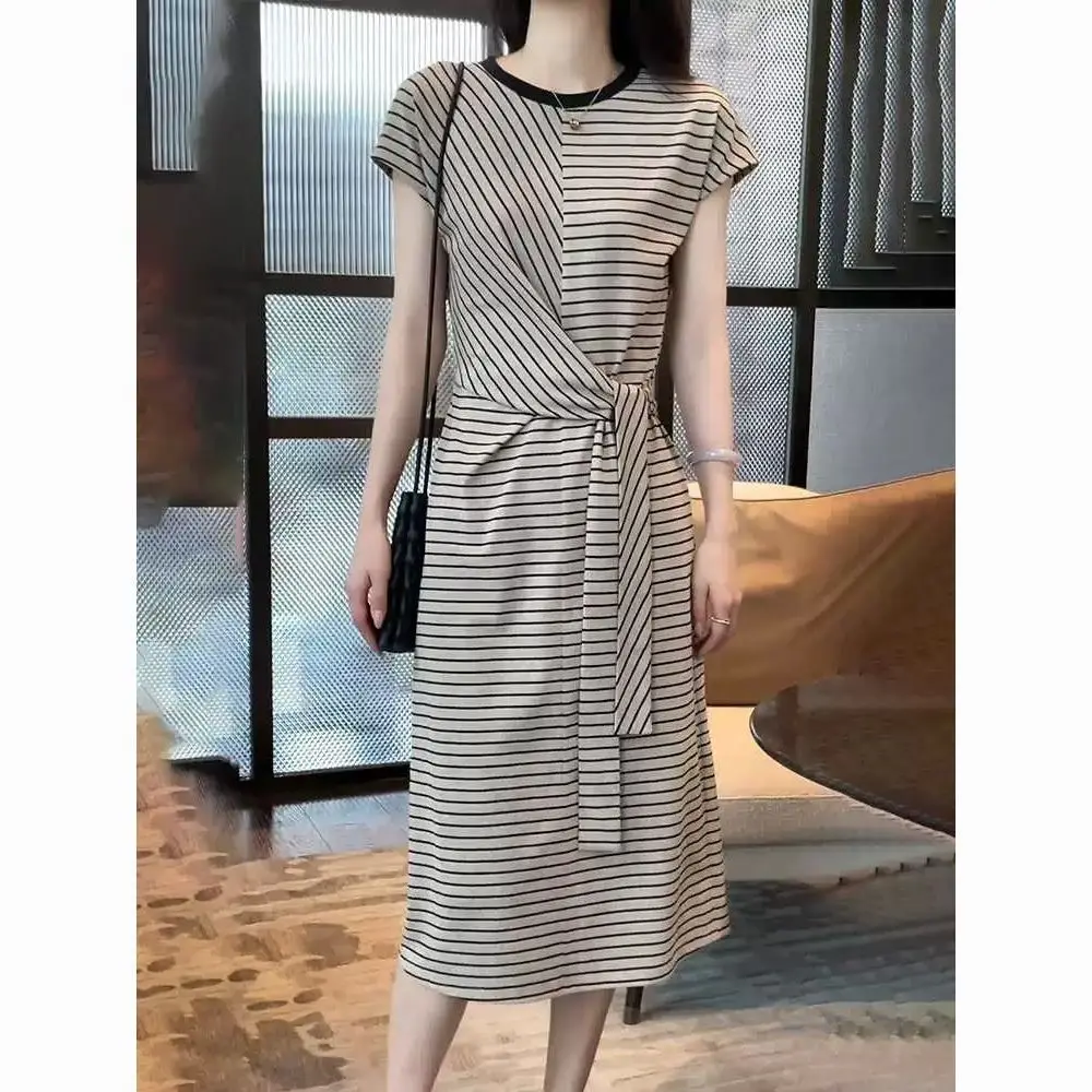 

Women's Summer Casual Loose Stripe Midi Dress 2025 Lady Fashion O-Neck Short Sleeve Dresses New Daily Joker Clothing Female