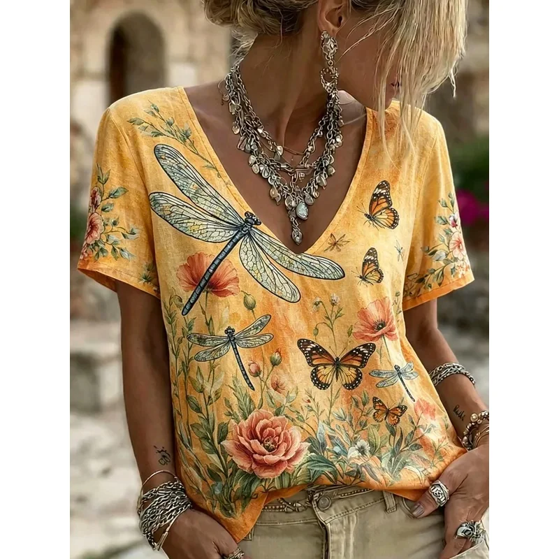 Women's V-neck Short-sleeved T-shirt with Floral and Yellow Ladybug Print, Casual tops for Spring