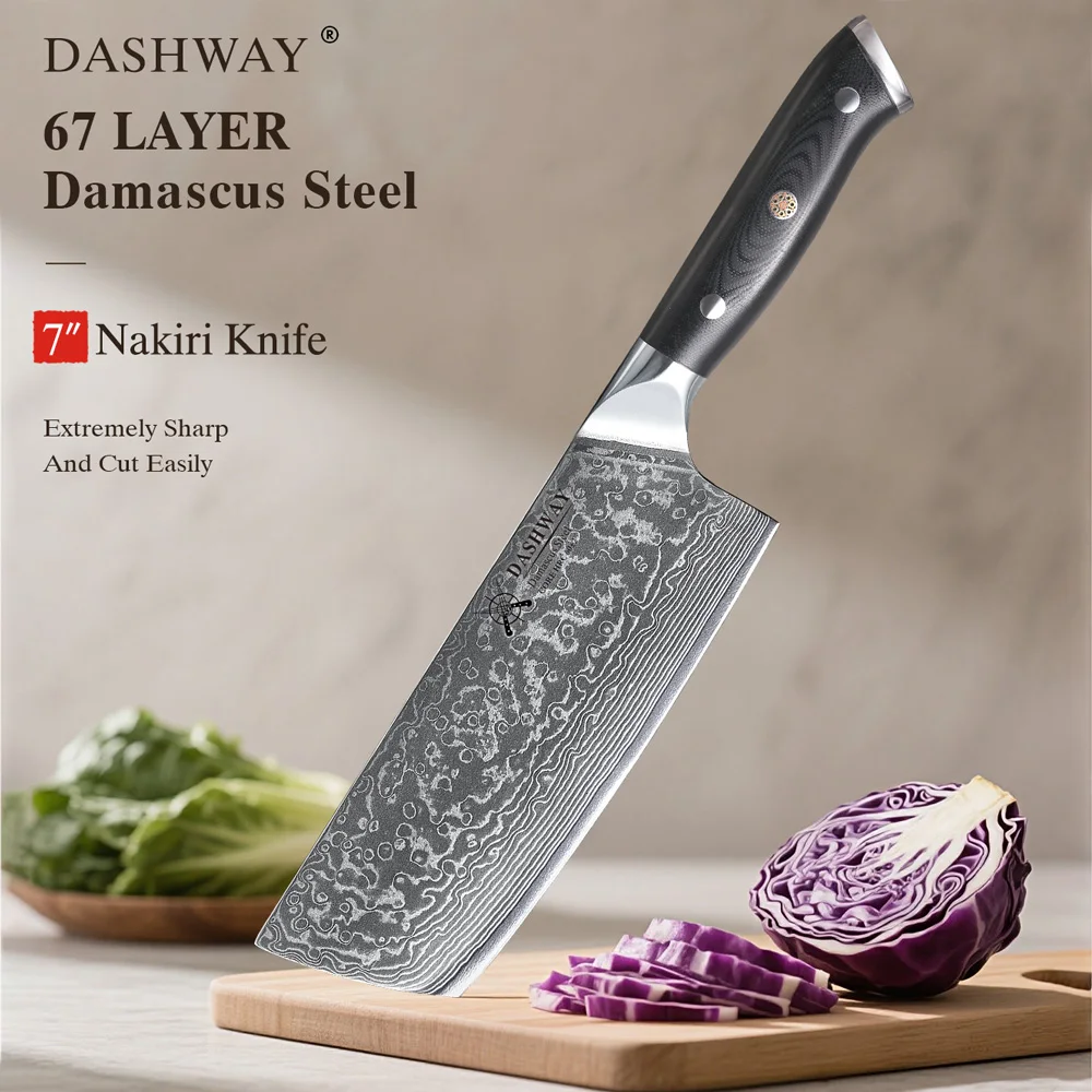 

DASHWAY 7" Japanese Nakiri Knife Damascus Steel Sharp Meat Cleaver Vegetable Slicer Cooking Tool Professional Kitchen Chef Knife