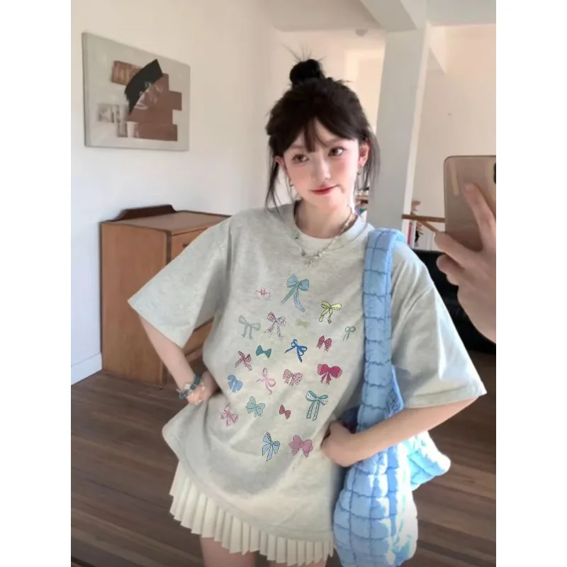 

Oversized T Shirt O-neck Cotton 2025 New Chic Loose Bow