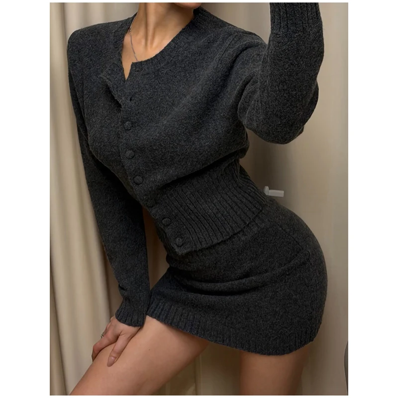 Solid Color Zipper Waist Cinching Casual Set Knitted Top Drawstring Straight Leg Pants 2-piece Sets 2026 Autumn Lady Daily Wear
